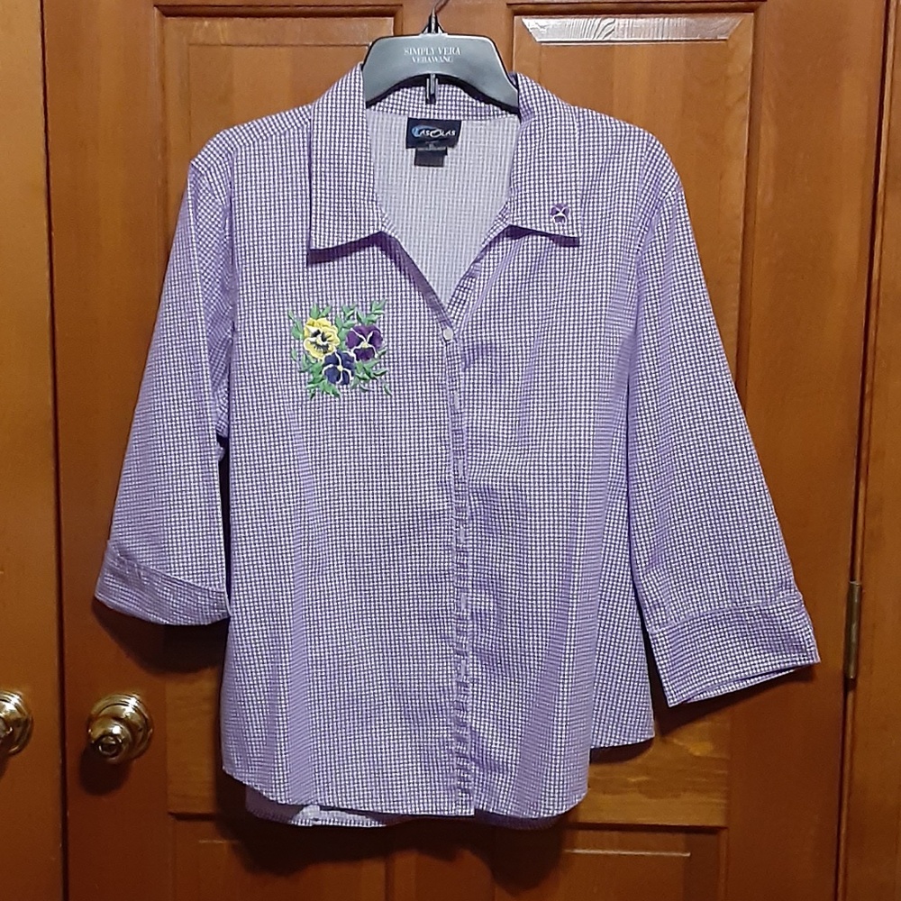 Las Olas Embroidered Check Button Down Top